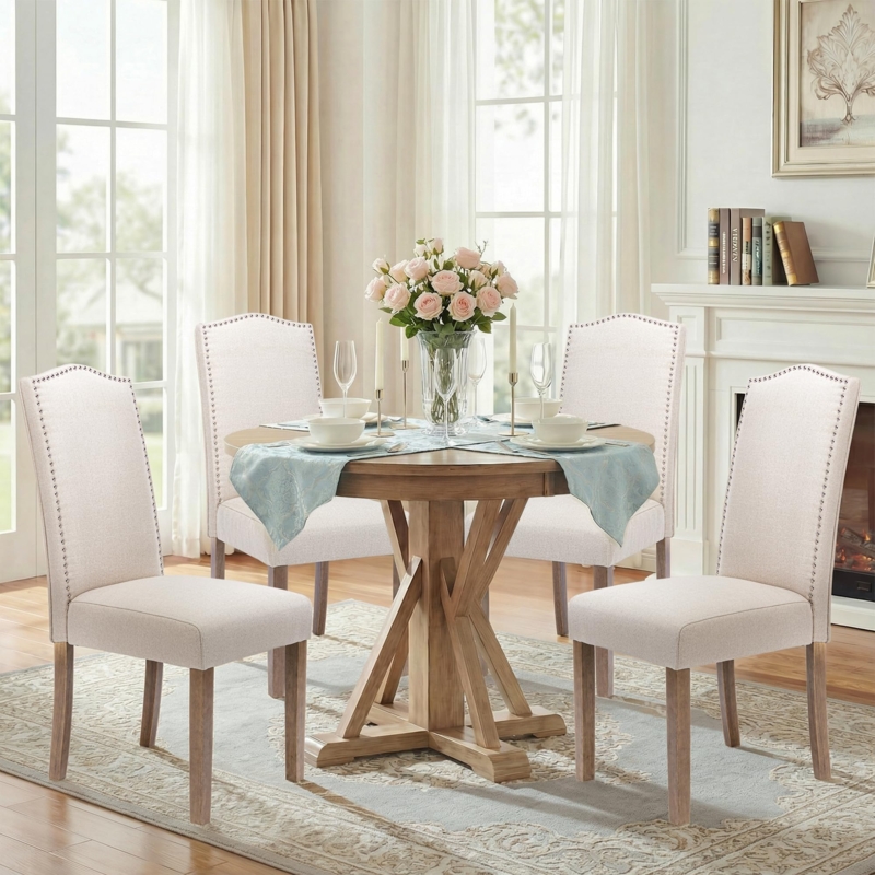 Elegant Parsons Dining Chair, Beige Fabric with Silver Nailheads