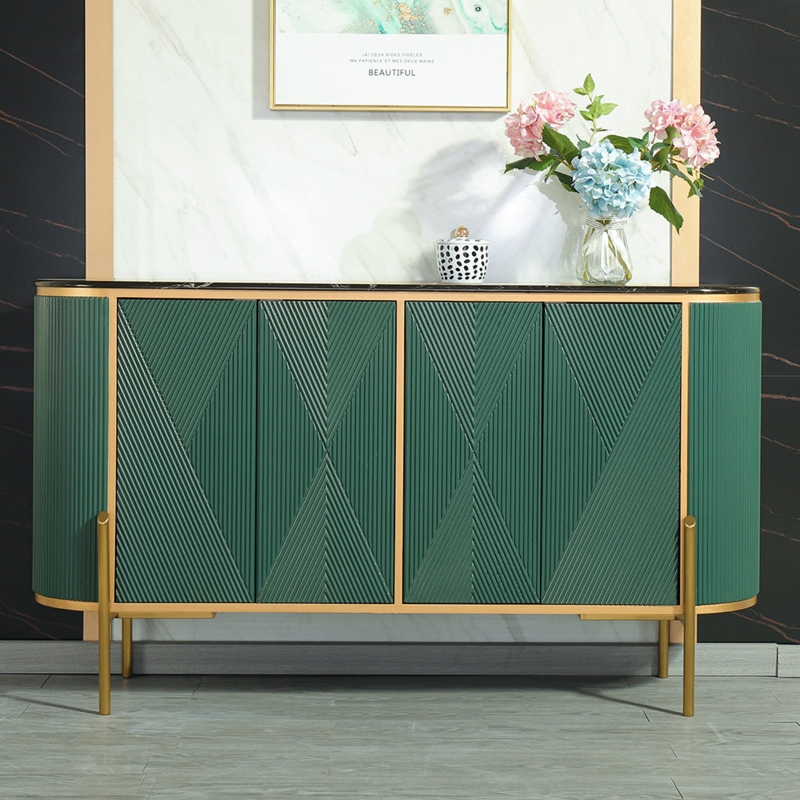 Emerald Green Fluted Sideboard Oval Marble Top Glam