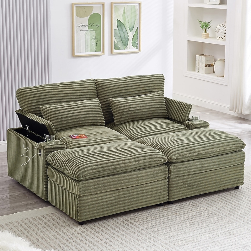 Emerald Green Velvet Loveseat Sofa with Integrated Cup Holders