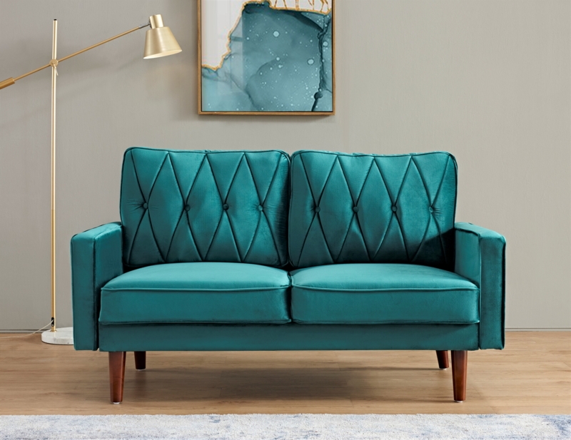 Emerald Green Velvet Loveseat with Channel Tufting and Gold Legs
