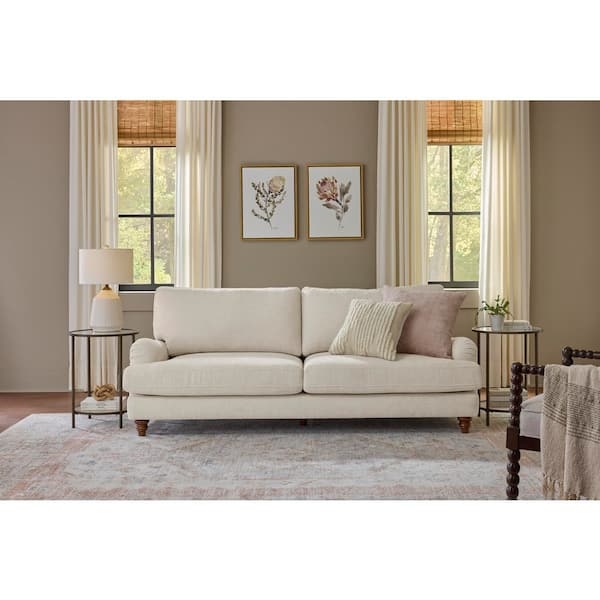 English Roll Arm Sofa Linen Performance Fabric Turned Wood Legs Beige