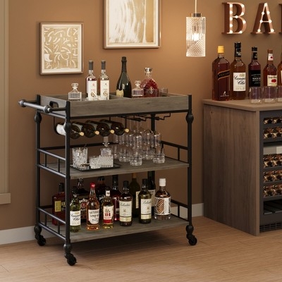 Espresso Bar Cart Two-Tier Wine Bottle Storage Stemware Racks