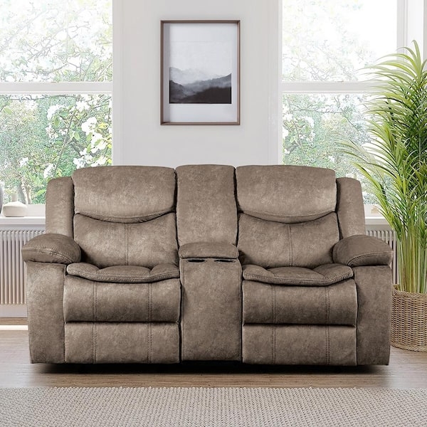 Espresso Brown Microfiber Reclining Loveseat with Console and Cup Holders.