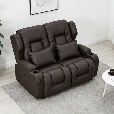 Espresso Faux Leather Loveseat with Console, Comfortable RV Sofa Seat