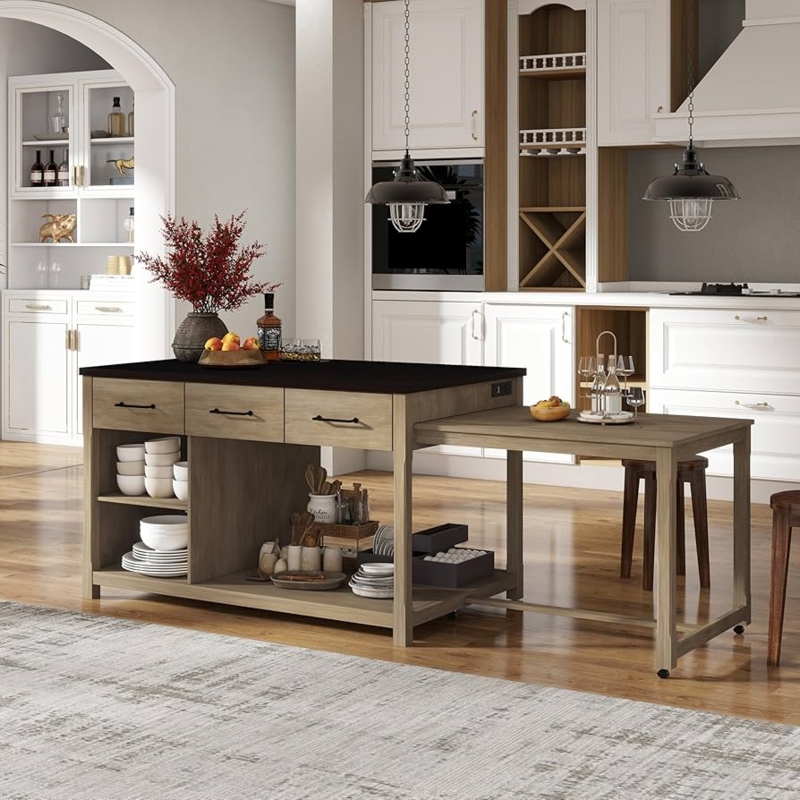 Espresso Kitchen Island Cart with Drop-Leaf and Built-In Power Outlet