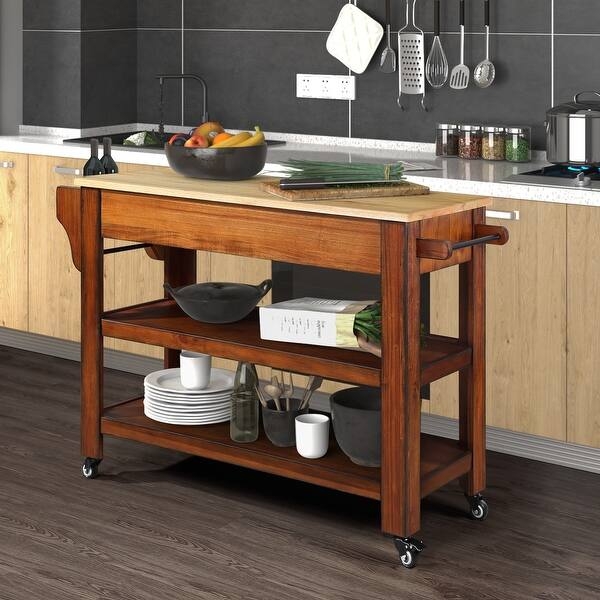 Espresso Kitchen Island Cart Wood Top Wine Rack Spice Storage