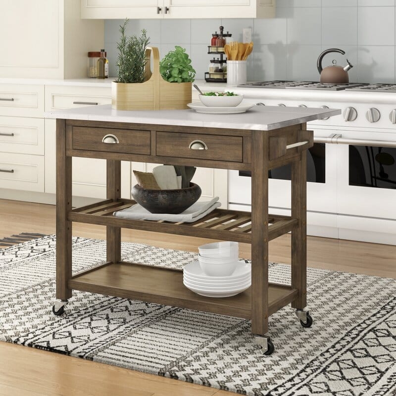 Espresso Kitchen Island With Drop Leaf and Dual Towel Bars for Storage.
