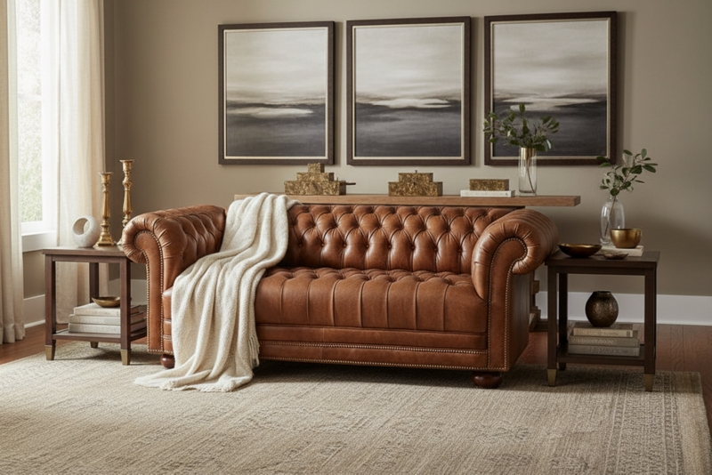 Espresso Leather-Like Loveseat with Deep Button Tufting & Brass Trim