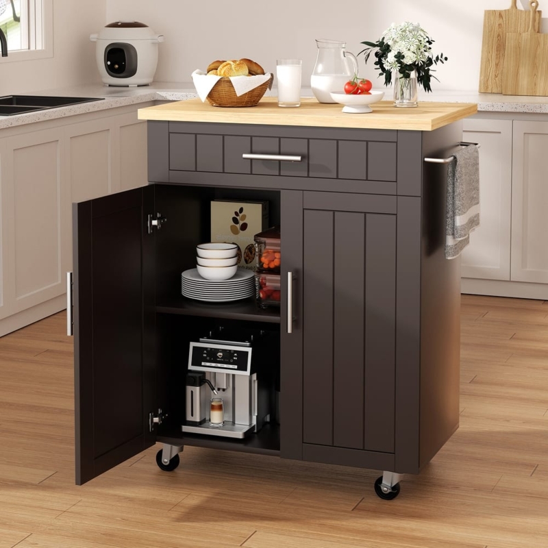 Espresso Rolling Kitchen Island Natural Wood Top Storage Cabinet