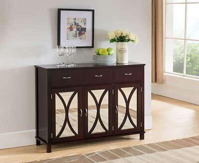 Espresso Sideboard Buffet with Mirrored Doors and Lattice Overlay