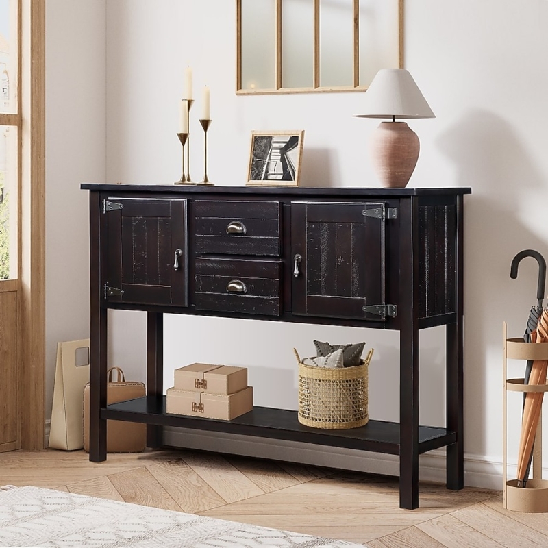 Espresso Sideboard Console with Glass Doors and Slatted Bottom Shelf