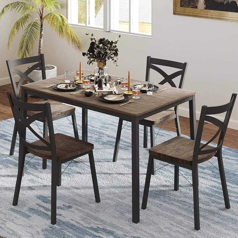 Espresso Wood and Black Metal Dining Set with Tubular Frames