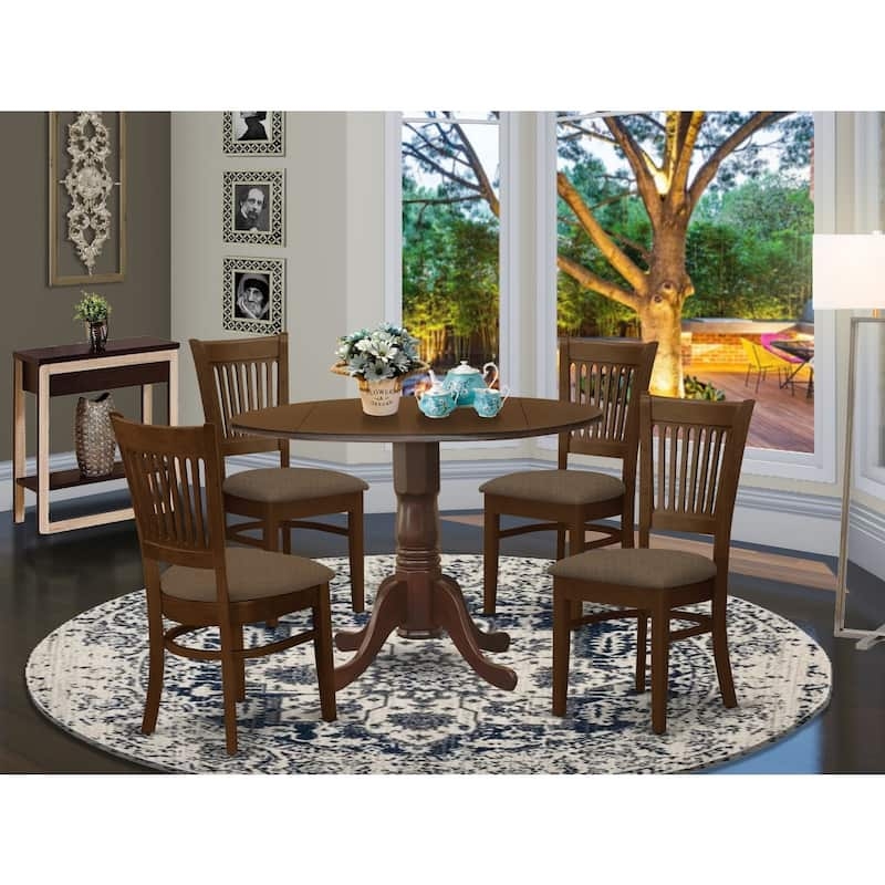 Espresso Wood and Linen Dining Set, Round Table, High-Back Chairs