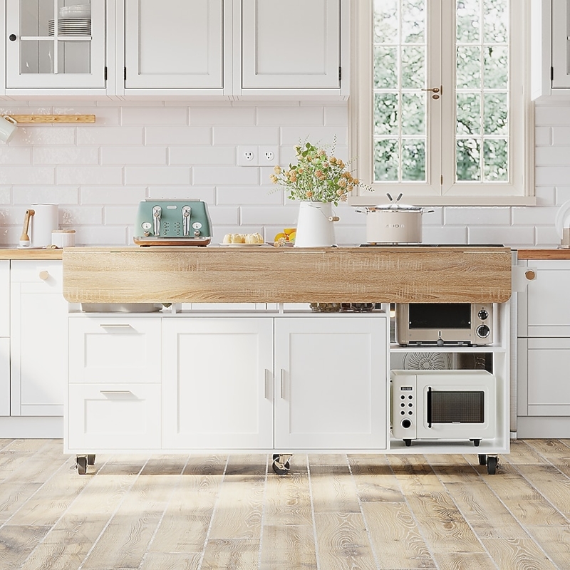 Expandable White Kitchen Island Cart with Drop Leaf Top and Wheels