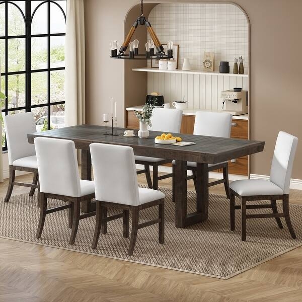 Extendable Dining Set with Dark Wood Finish & Ladder-Back Chairs