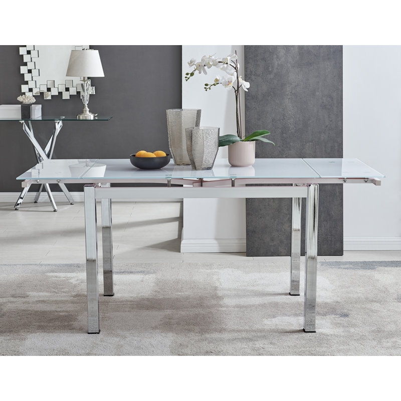 Extendable Dining Table with Black Glass Top and Chrome Pedestal Base