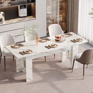 Extendable Dining Table with White Marble Pattern, Black Legs