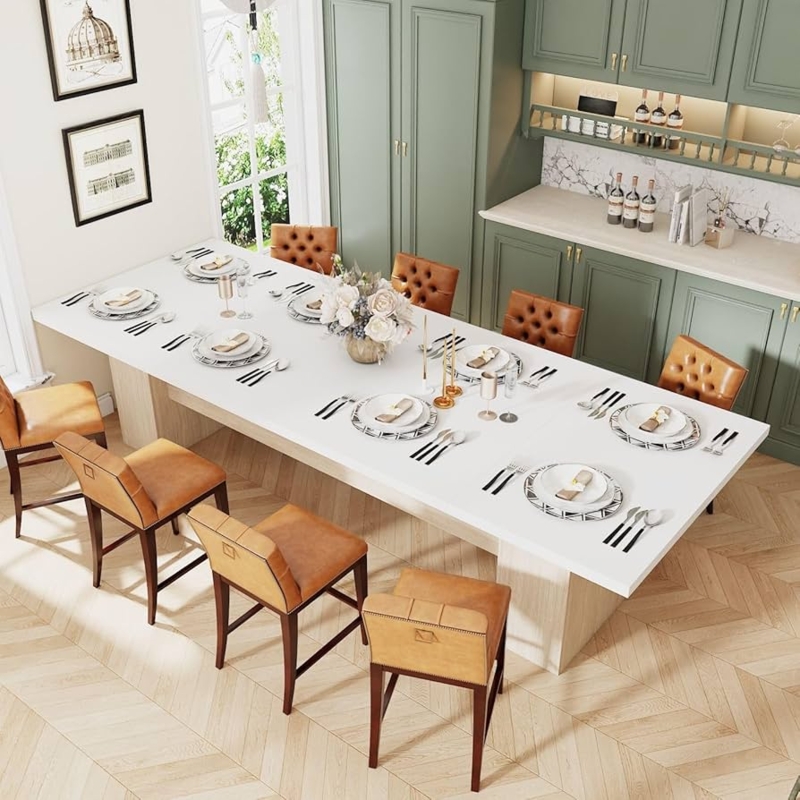 Extra Long Dining Table, 118 Inch, Oak and White Trestle Base