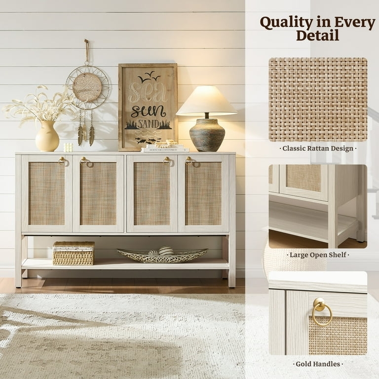 Extra Long Sideboard in Light Oak with Rattan Panels and Open Shelving