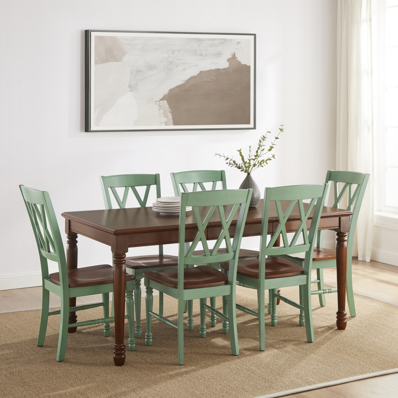 Farmhouse 7-Piece Dining Set, Distressed Teal Base, Dark Cherry Top