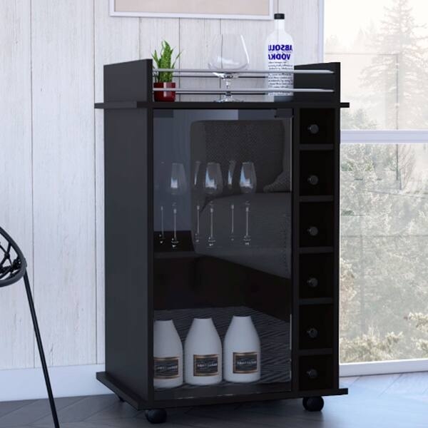 Farmhouse Bar Cart on Casters, Espresso Wood, Glass Door Cabinet