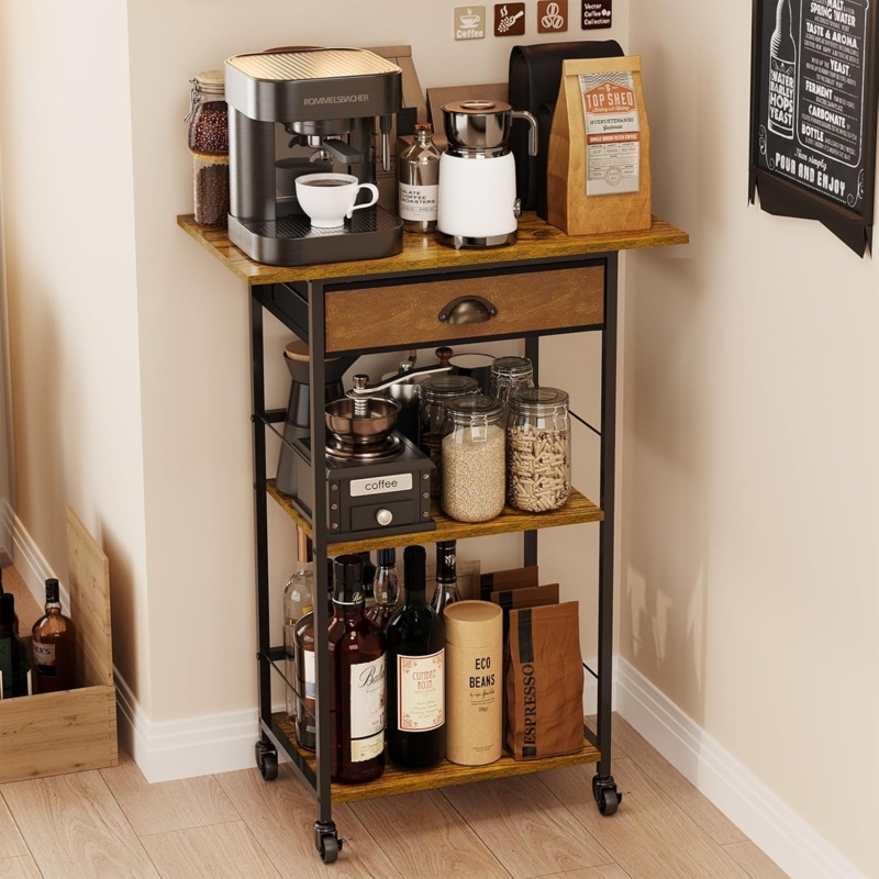 Farmhouse Bar Cart with Storage Drawer, Rustic Brown, Mug Hooks