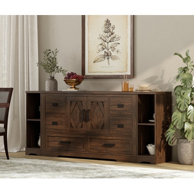 Farmhouse Buffet with Sliding Barn Doors and Six Drawers