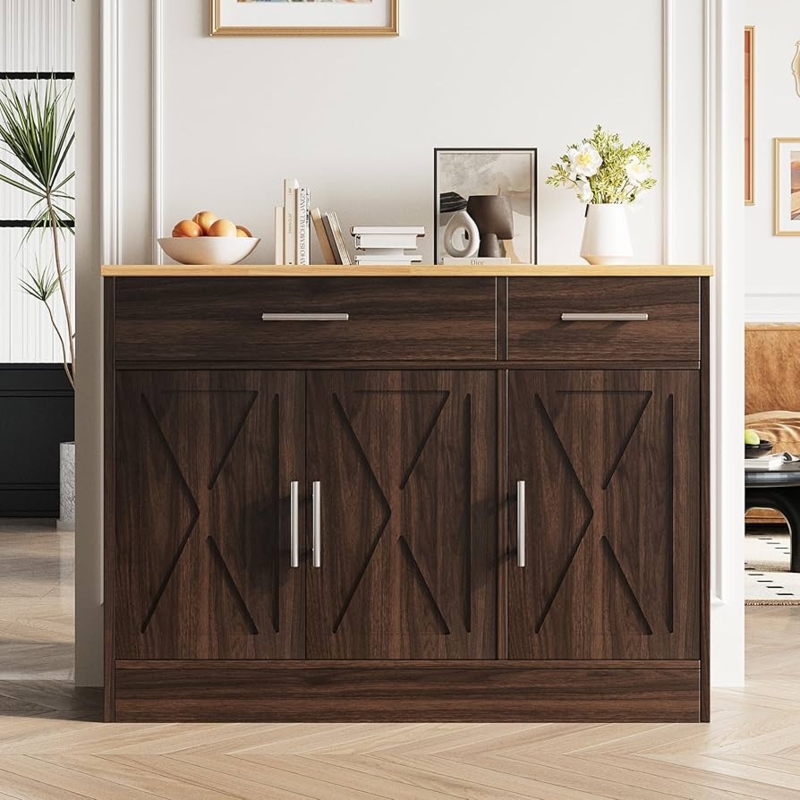 Farmhouse Coffee Bar Sideboard with Mesh Doors and Open Cubby