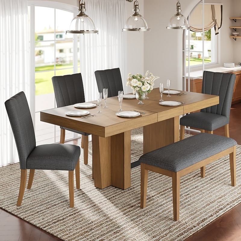 Farmhouse Dining Set 6-Piece Gray Washed Trestle with Bench