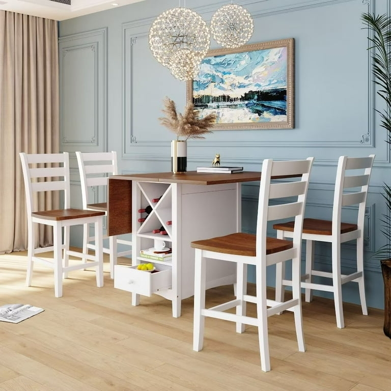 Farmhouse Dining Set Counter Height Integrated Wine Rack Two-Tone Finish