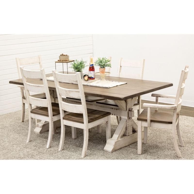 Farmhouse Dining Set Trestle Table High-Back Slat Chairs Two-Tone