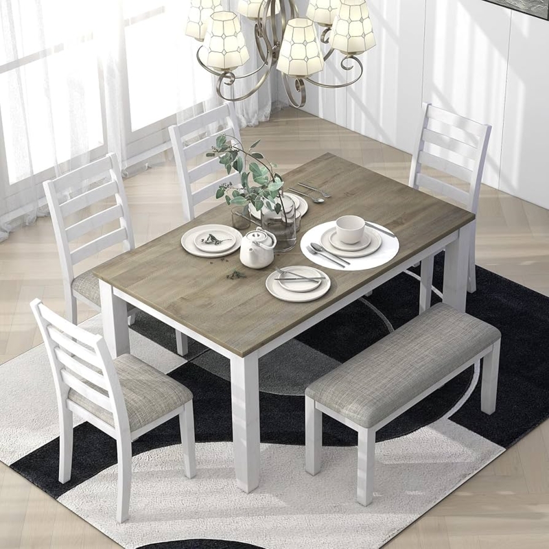 Farmhouse Dining Set with Bench Two-Tone Whitewashed Finish Tufted