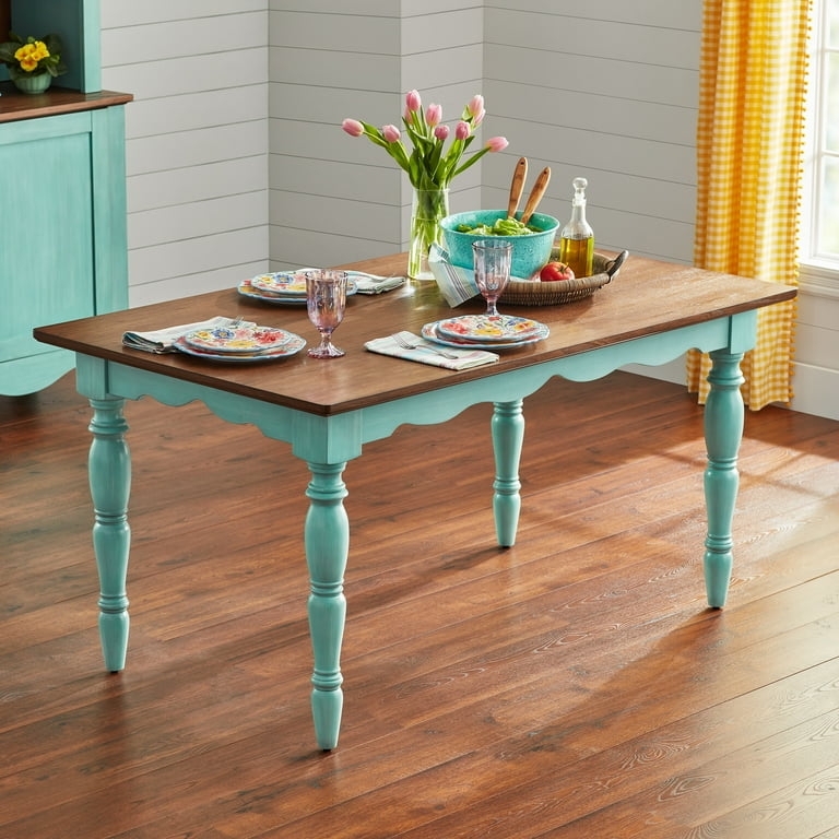 Farmhouse Dining Table, Chunky Turned Legs, Teal Base, Dark Wood Top