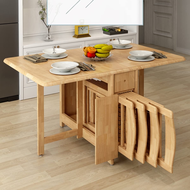 Farmhouse Dining Table Set Honey Wood Drop Leaf with Storage Drawer