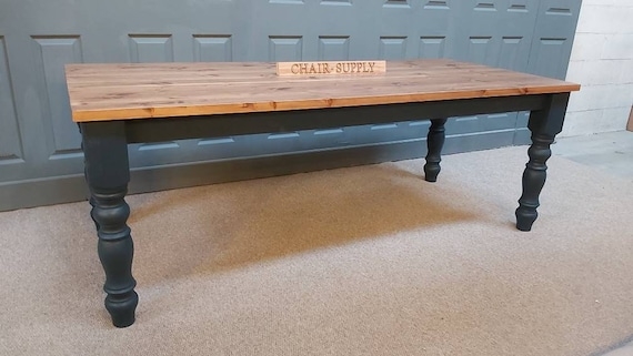 Farmhouse Dining Table with Traditional Turned Legs and Navy Blue Base