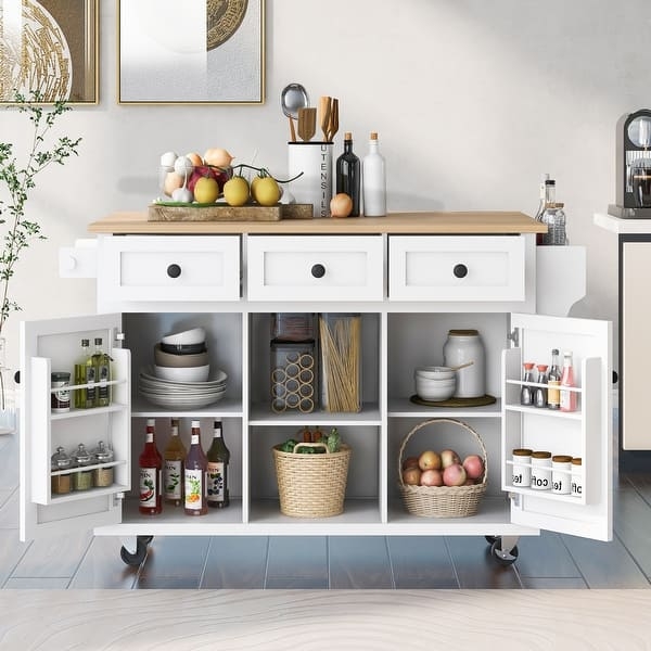 Farmhouse Kitchen Island Cart featuring Cup Pulls and Spice Rack