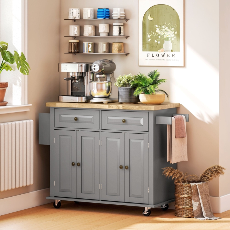 Farmhouse Kitchen Island Cart, Slatted Tier Storage, Mobile Casters