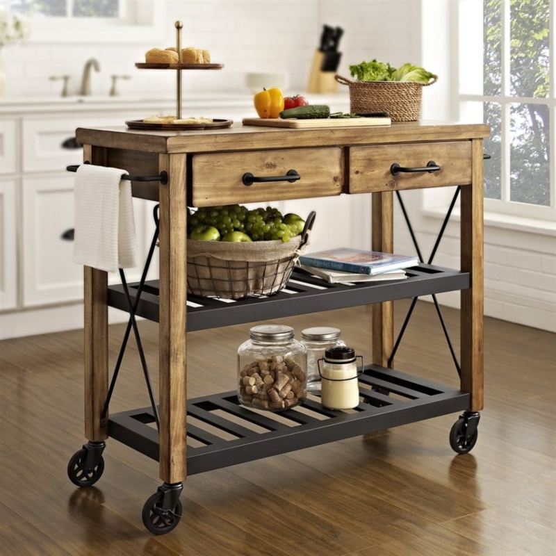 Farmhouse Kitchen Island Cart with Butcher Block Top and Slatted Shelving