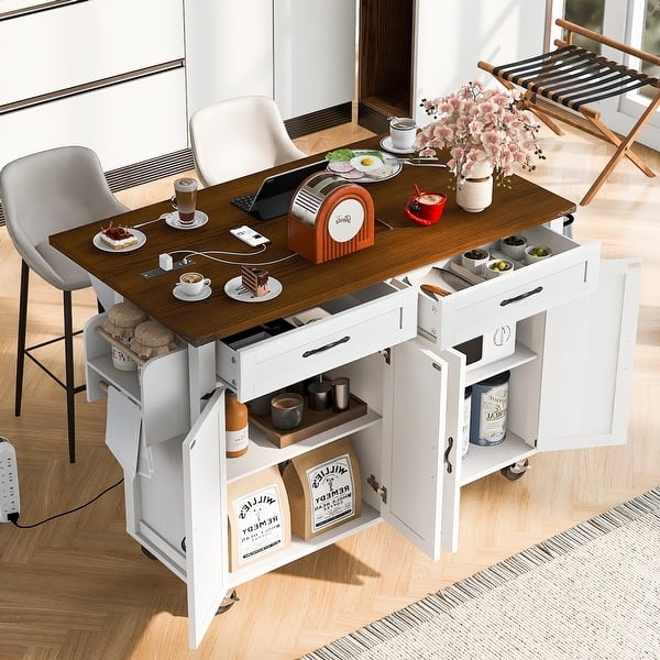 Farmhouse Kitchen Island Cart with Shaker Doors and Integrated Power