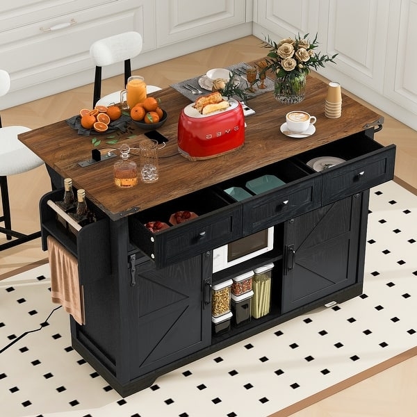 Farmhouse Kitchen Island Cart with Sliding Barn Doors and Drop Leaf