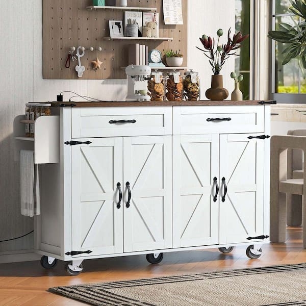 Farmhouse Kitchen Island on Wheels with Open Shelving and Towel Rack.