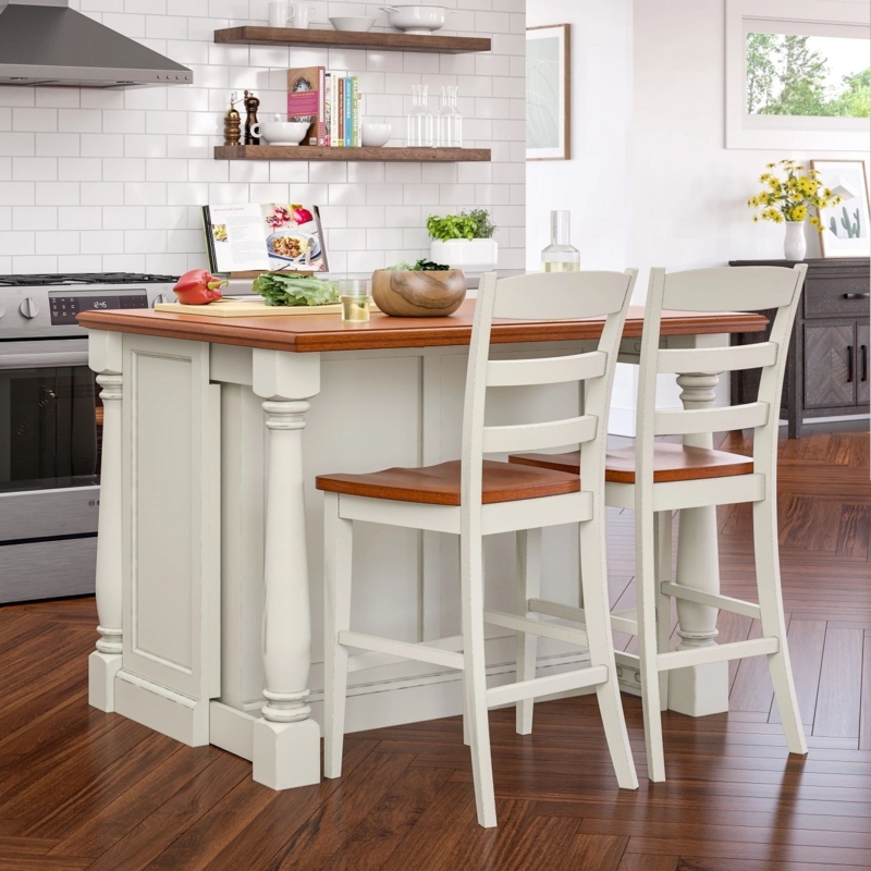 Farmhouse Kitchen Island Set with Stools, Turned Legs, Off-White Finish