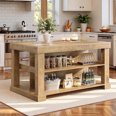 Farmhouse Kitchen Island with Open Slatted Shelves, White & Wood Top