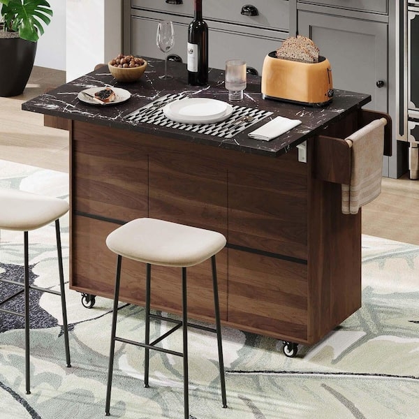 Farmhouse Kitchen Island Wood Drop Leaf Trash Can Storage
