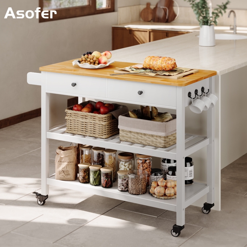 Farmhouse Kitchen Utility Cart with Slatted Shelves and Cup Pulls, White