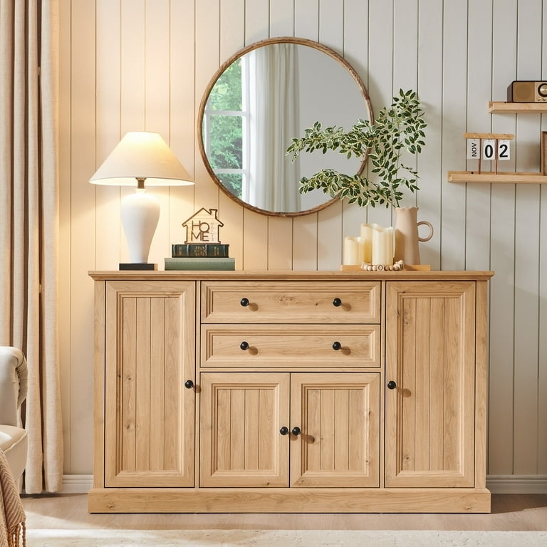 Farmhouse Natural Wood Buffet Cabinet with Grooved Doors and Drawers
