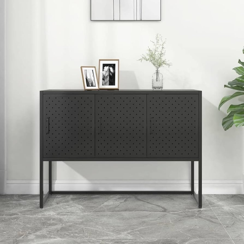 Farmhouse Sideboard with Fluted Glass Doors and Open Mesh Shelving