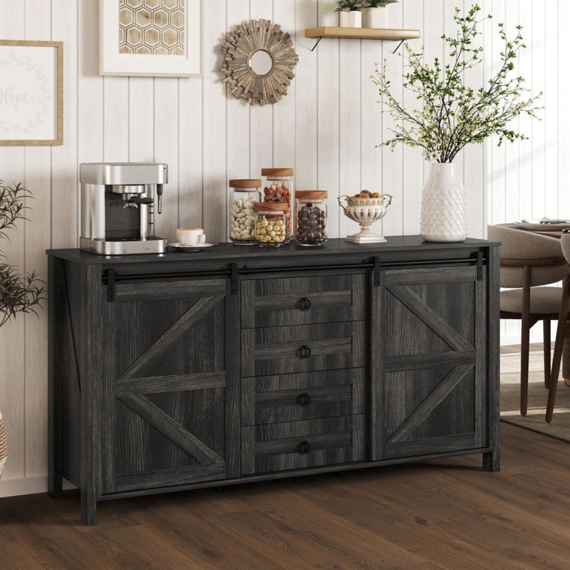 Farmhouse Sideboard with Sliding Barn Doors and Black Cup Pulls