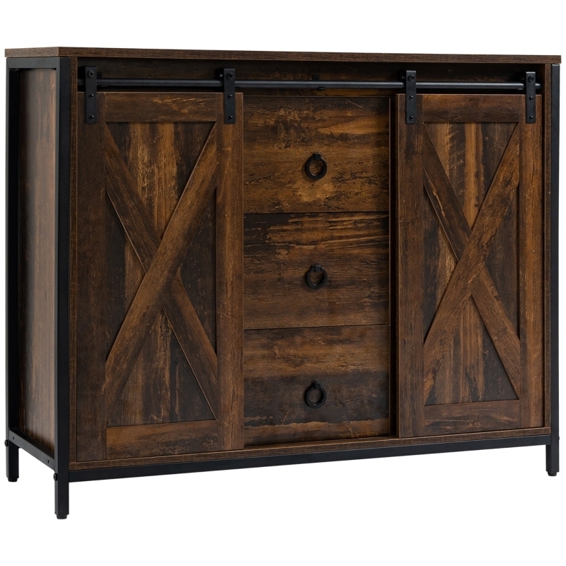 Farmhouse Sideboard with Three Central Drawers and Sliding Barn Doors