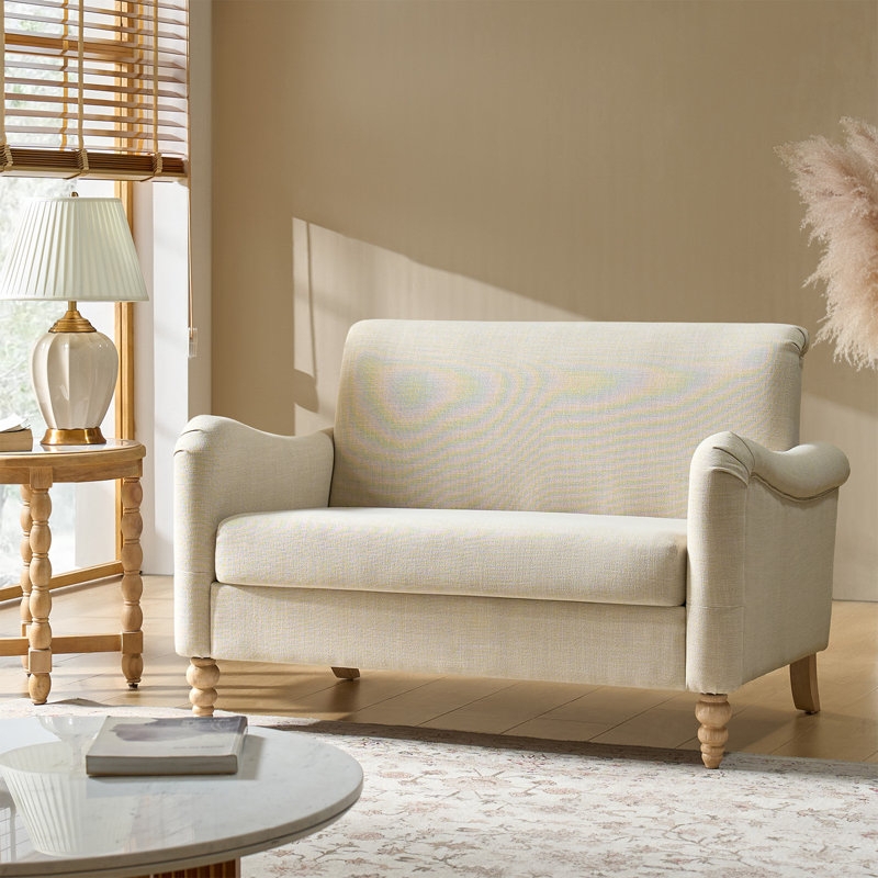 Farmhouse Spindle Leg Loveseat featuring a Woven Bench Seat